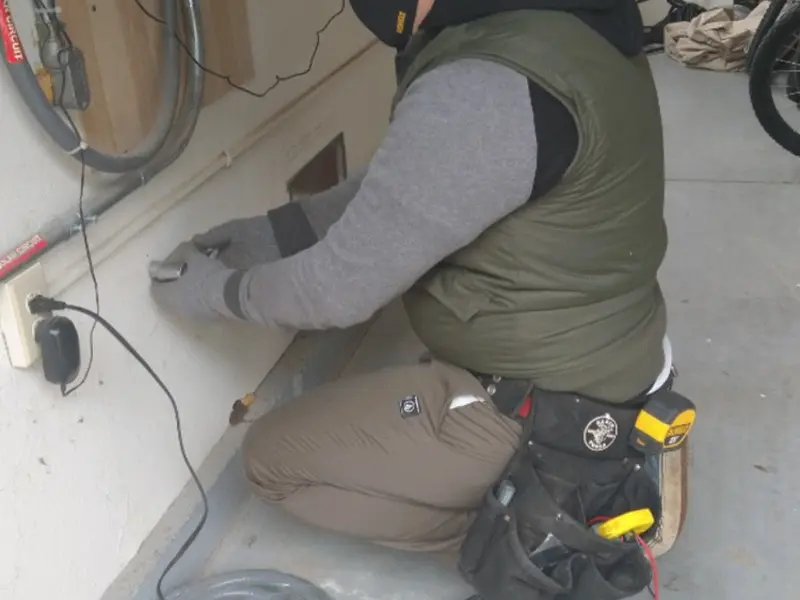 Electrician performing outlet wiring in a Shenandoah garage